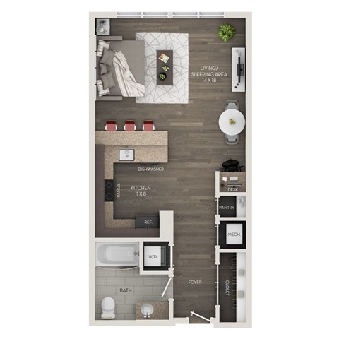 Floor plan for studio, 1 bath, 595 sqft