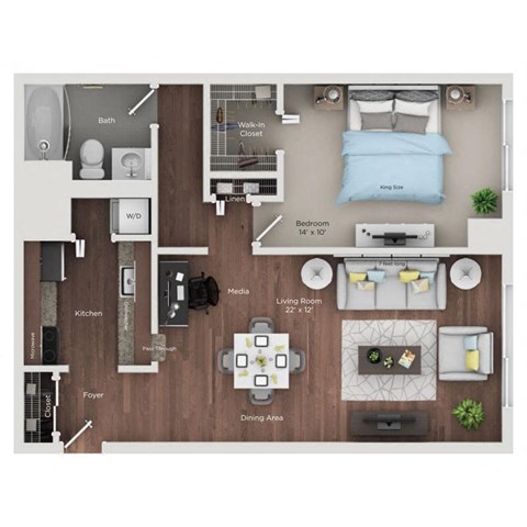 Floor plan for 1 bed, 1 bath, 795 sqft