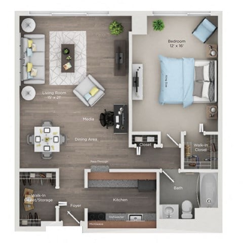 Floor plan for 1 bed, 1 bath, 840 sqft