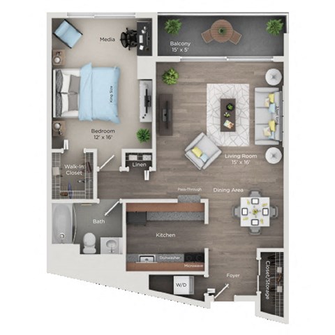 Floor plan for 1 bed, 1 bath, 925 sqft