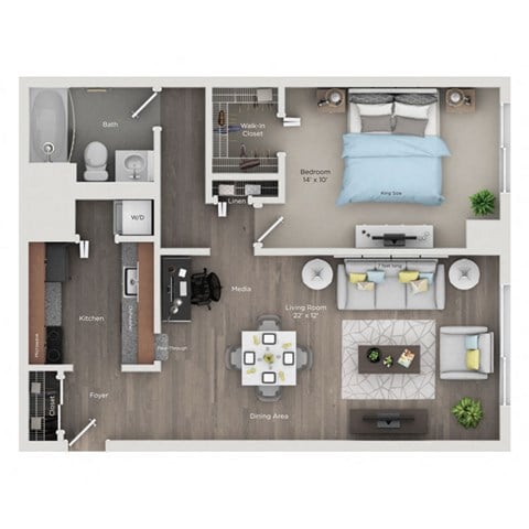 Floor plan for 1 bed, 1 bath, 795 sqft