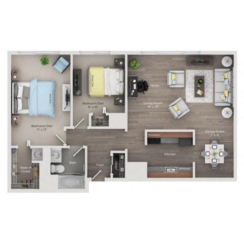 Floor plan for 2 beds, 1 bath, 1020 sqft