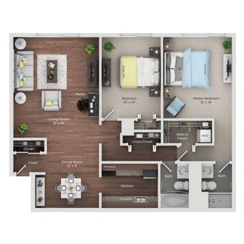 Floor plan for 2 beds, 2 baths, 1230 sqft