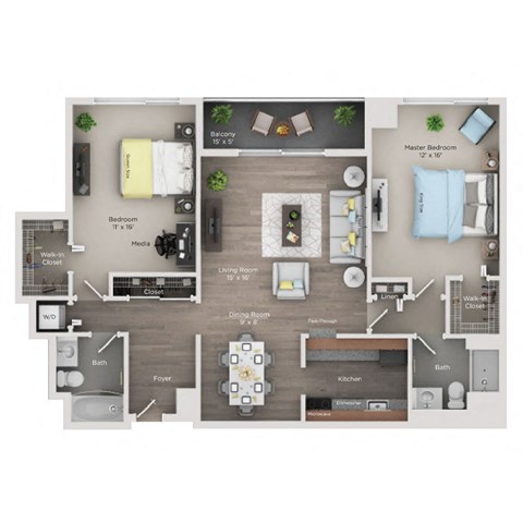 Floor plan for 2 beds, 2 baths, 1265 sqft