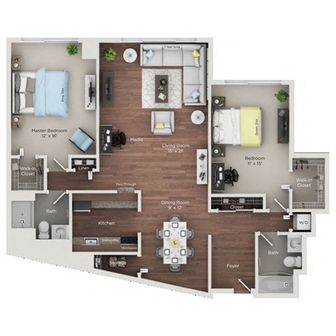 Floor plan for 2 beds, 2 baths, 1370 sqft