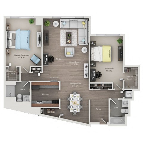 Floor plan for 2 beds, 2 baths, 1370 sqft