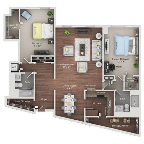 Floor plan for 2 beds, 2 baths, 1410 sqft
