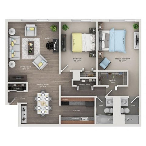 Floor plan for 2 beds, 2 baths, 1230 sqft