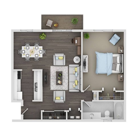 Floor plan for 1 bed, 1 bath, 750 sqft