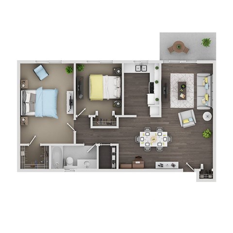 Floor plan for 2 beds, 1 bath, 950 sqft