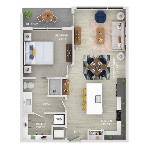 Floor plan for 1 bed, 1 bath, 741 sqft