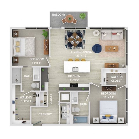 Floor plan for 2 beds, 2 baths, 1054 sqft