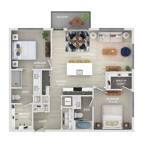 Floor plan for 2 beds, 2 baths, 1083 sqft