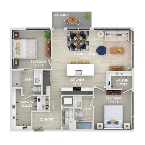 Floor plan for 2 beds, 2 baths, 1083 sqft
