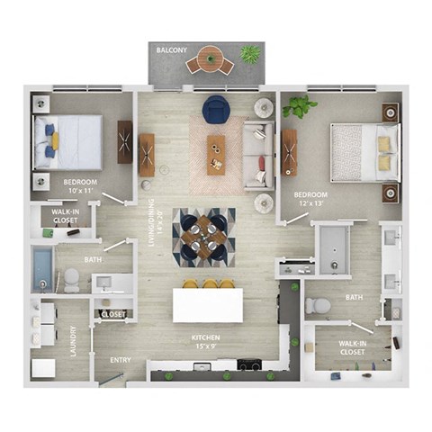 Floor plan for 2 beds, 2 baths, 1142 sqft