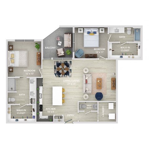 Floor plan for 2 beds, 2.5 baths, 1317 sqft