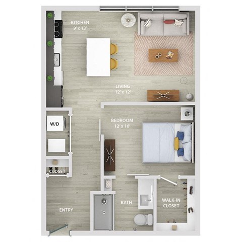 Floor plan for studio, 1 bath, 649 sqft