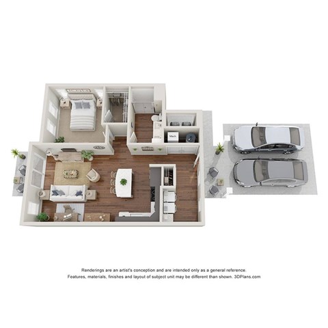 Floor plan for 1 bed, 1 bath, 885 sqft
