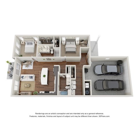 Floor plan for 2 beds, 2 baths, 1298 sqft