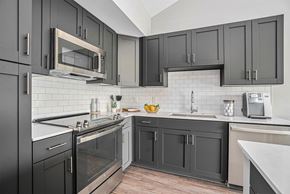 Grand Rapids apartment for rent - A kitchen with black cabinets and a white backsplash.
