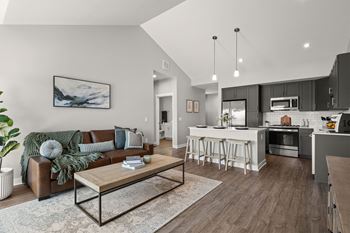 9 Foot ceilings with vaulted ceilings in living room and kitchen