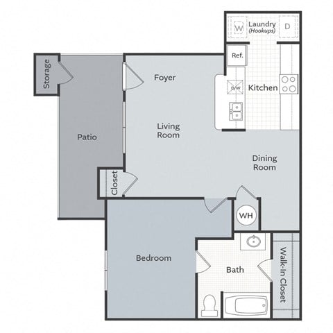 Floor plan for 1 bed, 1 bath, 673 sqft