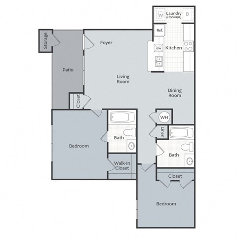 Floor plan for 2 beds, 2 baths, 912 sqft