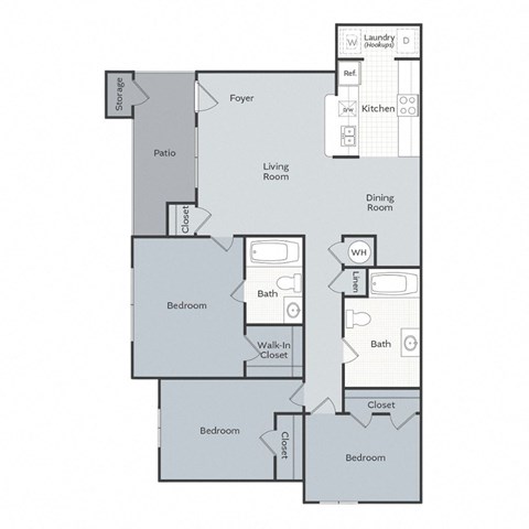 Floor plan for 3 beds, 2 baths, 1085 sqft