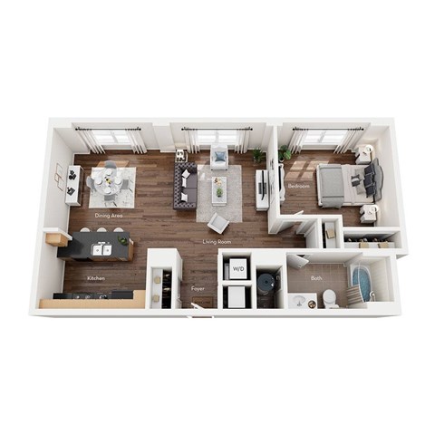 Floor plan for 1 bed, 1 bath, 634 sqft