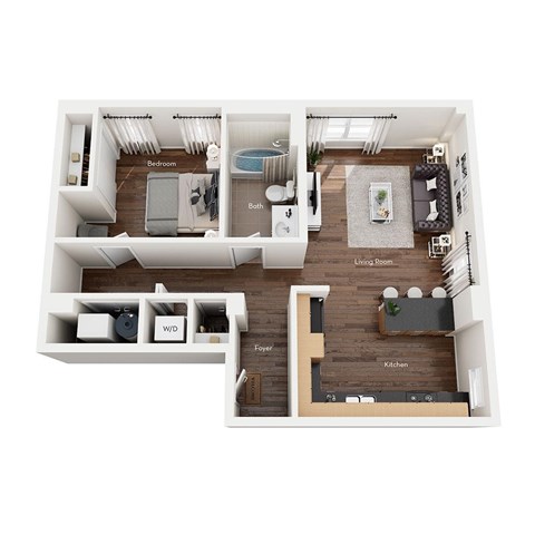 Floor plan for 1 bed, 1 bath, 690 sqft