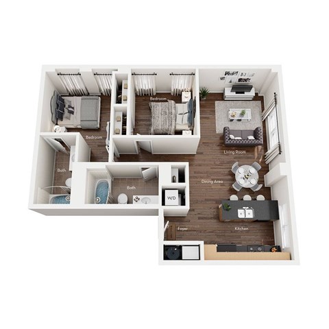 Floor plan for 2 beds, 2 baths, 896 sqft