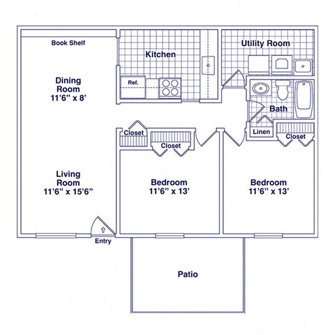 Floor plan for 2 beds, 1 bath, 821 sqft