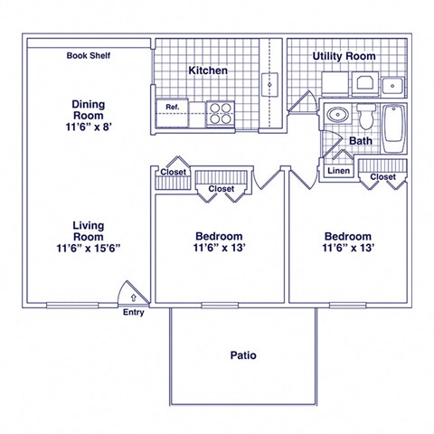 Floor plan for 2 beds, 1 bath, 821 sqft