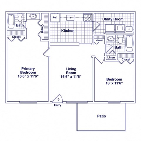 Floor plan for 2 beds, 2 baths, 821 sqft