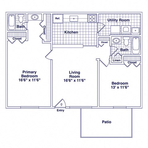 Floor plan for 2 beds, 2 baths, 821 sqft