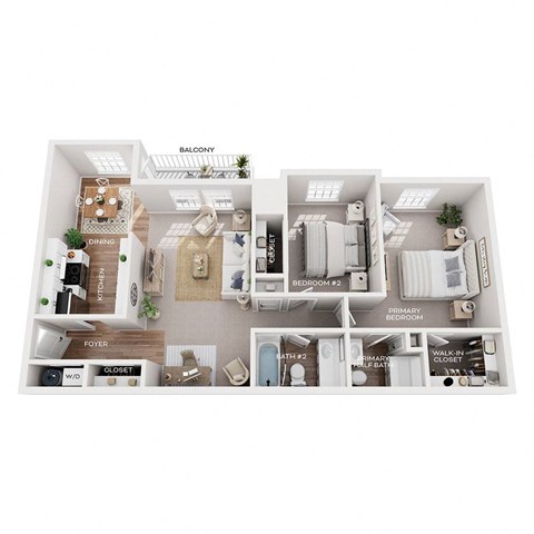 Floor plan for 2 beds, 1.5 baths, 973 sqft