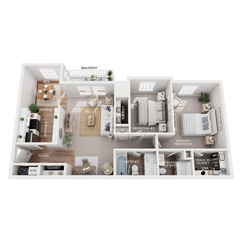 Floor plan for 2 beds, 1.5 baths, 973 sqft