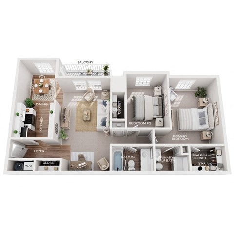 Floor plan for 2 beds, 2 baths, 991 sqft