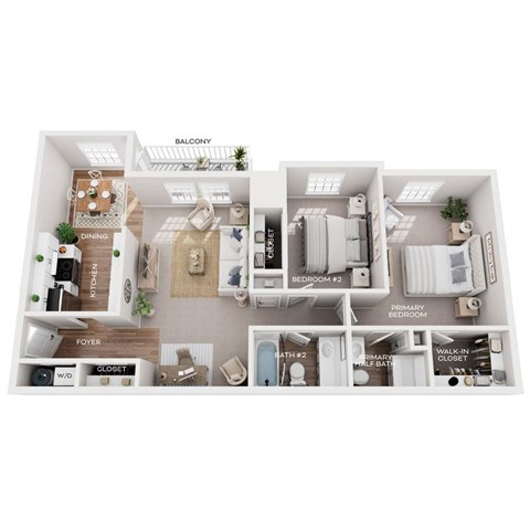 Floor plan for 2 beds, 2 baths, 991 sqft