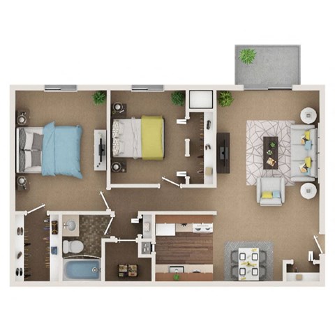 Floor plan for 2 beds, 1 bath, 975 sqft