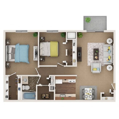 Floor plan for 2 beds, 1 bath, 950 sqft
