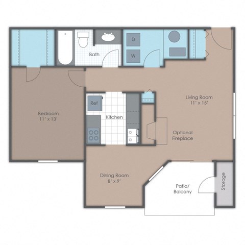 Floor plan for 1 bed, 1 bath, 730 sqft