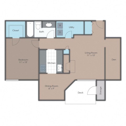 Floor plan for 1 bed, 1 bath, 790 sqft
