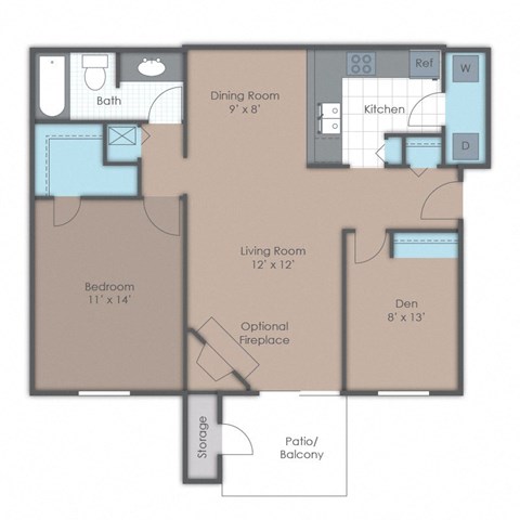 Floor plan for 1 bed, 1 bath, 841 sqft