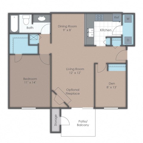 Floor plan for 1 bed, 1 bath, 890 sqft