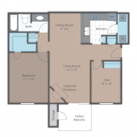 Floor plan for 1 bed, 1 bath, 890 sqft
