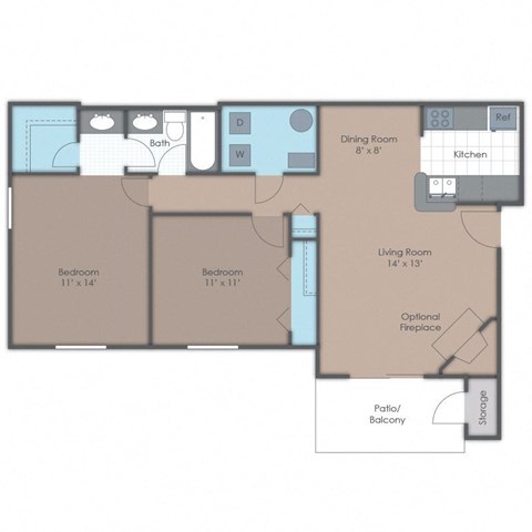 Floor plan for 2 beds, 1 bath, 898 sqft