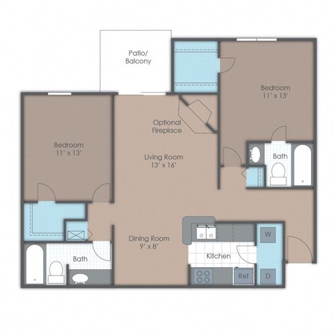 Floor plan for 2 beds, 2 baths, 972 sqft