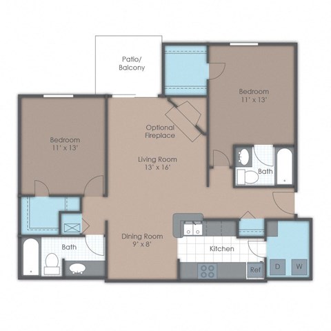 Floor plan for 2 beds, 2 baths, 1000 sqft