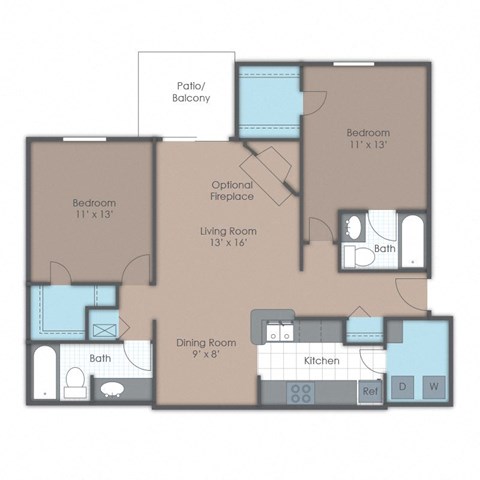 Floor plan for 2 beds, 2 baths, 1000 sqft
